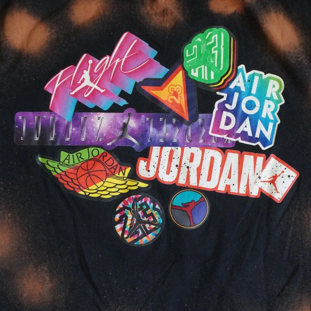 Nike Jordan Mens Bleach Dye Graphic T-Shirt Black Multi Color Logo Size M
